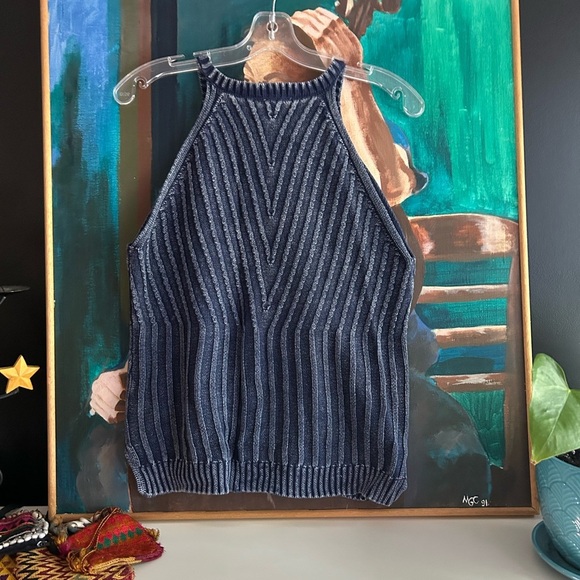 Tribal Jeans Boho Navy Striped Knit Tank Top Cotton Small - Picture 16 of 16